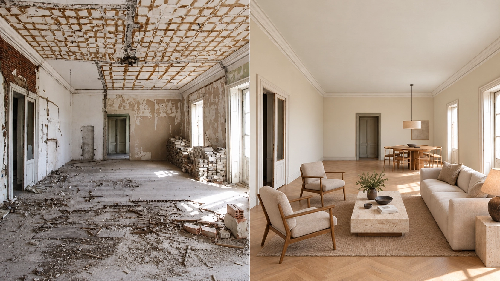 Comparativa antes y después de la rehabilitación interior mediante visualización con IA
