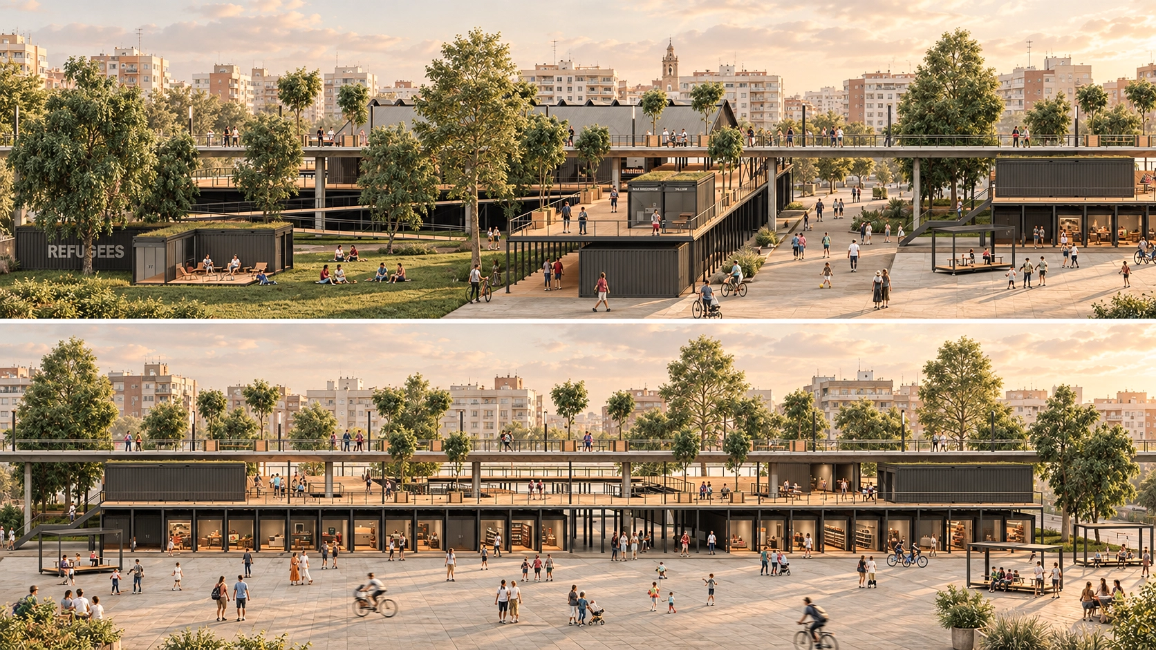 Vistas frontales exteriores del TFM titulado Cabañal Box Park